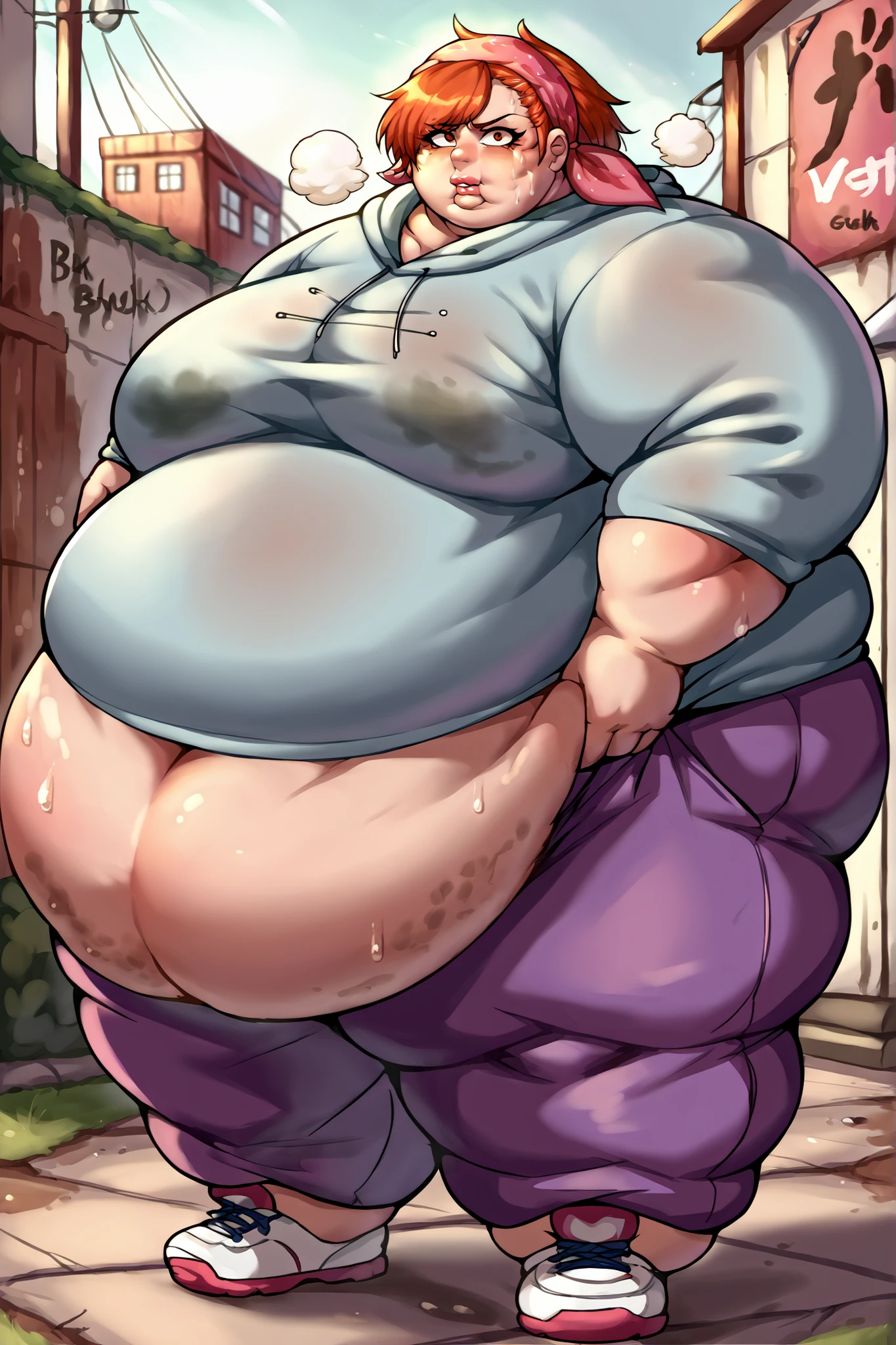 (masterpiece, best quality, highres, detailed, realistic:1.3), young american woman, USSBBW, (morbidly obese, fatblob,1.6), (gigantic belly:1.3), (detailed face, beautiful face), high aesthetic, (guilty expression:1.2), cute smile, long wavy lilac hair, nude, bedroom, (eating a donut), (surrounded by donuts), blue eyes,