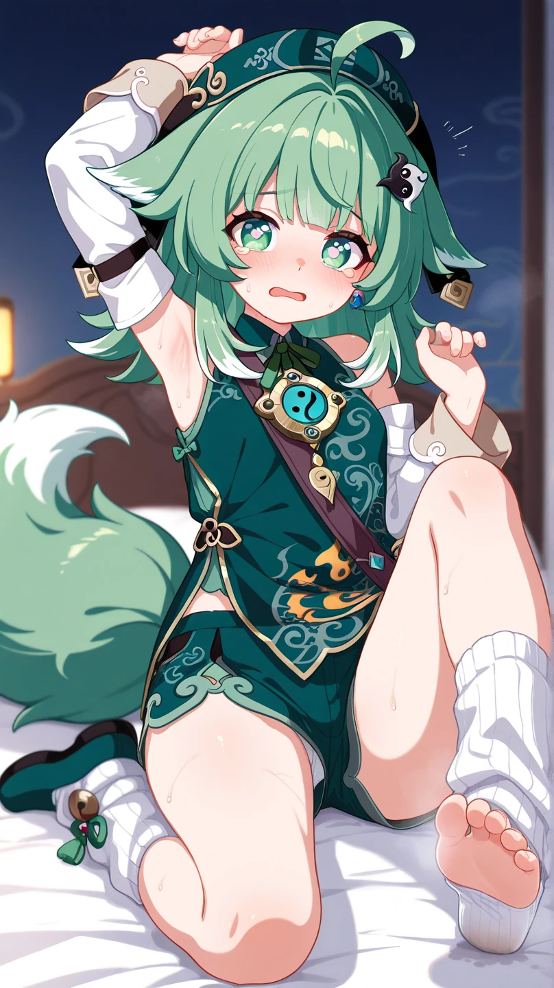 ,One girl,Deltamon_beta, alone, blue eyes, Knee socks, Animal ears, Bare shoulders, Blue Tail, Earrings,Removable sleeves, Green Hair, No sleeve, Cat ear, bag, white Knee socks, Cat's Tail,pink backpack,Pink school bag, Breaking, teeth, teeth focus, Camel Toe, From behind, Destroy the mimic chest, BREAK score_9, score_8_superior, score_7_superior, score_6_superior, score_5_superior, score_4_superior, anime, No correction, (high quality, detailed, beautiful), Shiny, detailed beautiful eyes, Extraordinary, Countershading, detailed soft lighting
