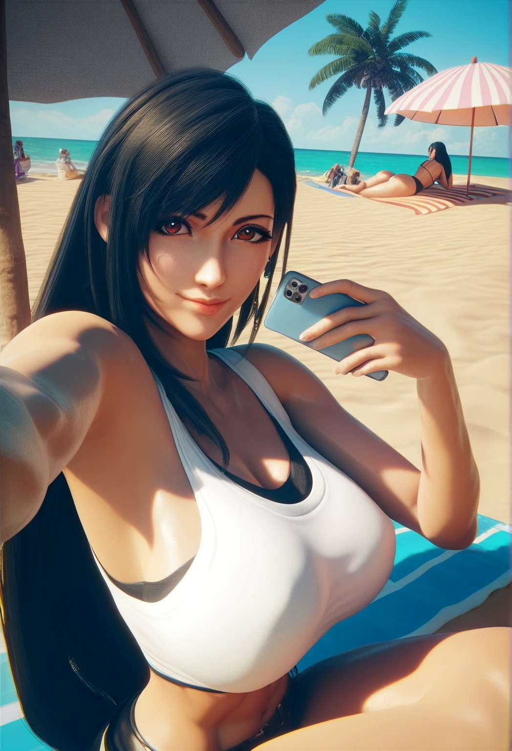 Outdoor, beach, 1girl, wearing bikini and hold an handphone , glowing eyes, long hair, happy face, day, realistic, 8k, Unreal engine, ultra detailed, photorealistic