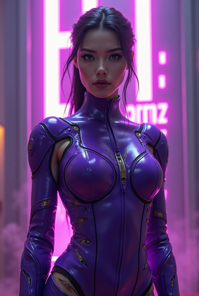 sozinha Selena Gomez, foto super fina, retrato Unreal Engine 5 8K UHD de bonita, Beautiful, medium round breasts, Esquema de cores vermelho e preto Tight Cybernetic Latex Catsuit, assassino cyberpunk, cyberpunk, cybernetic boots, cybernetic long glove, Futuristic Design, purple neon lights details, melhor qualidade, master part, Arte Oficial, Papel de parede 8k unificado, super detalhado, foco nítido, dynamic pose, partes do corpo.