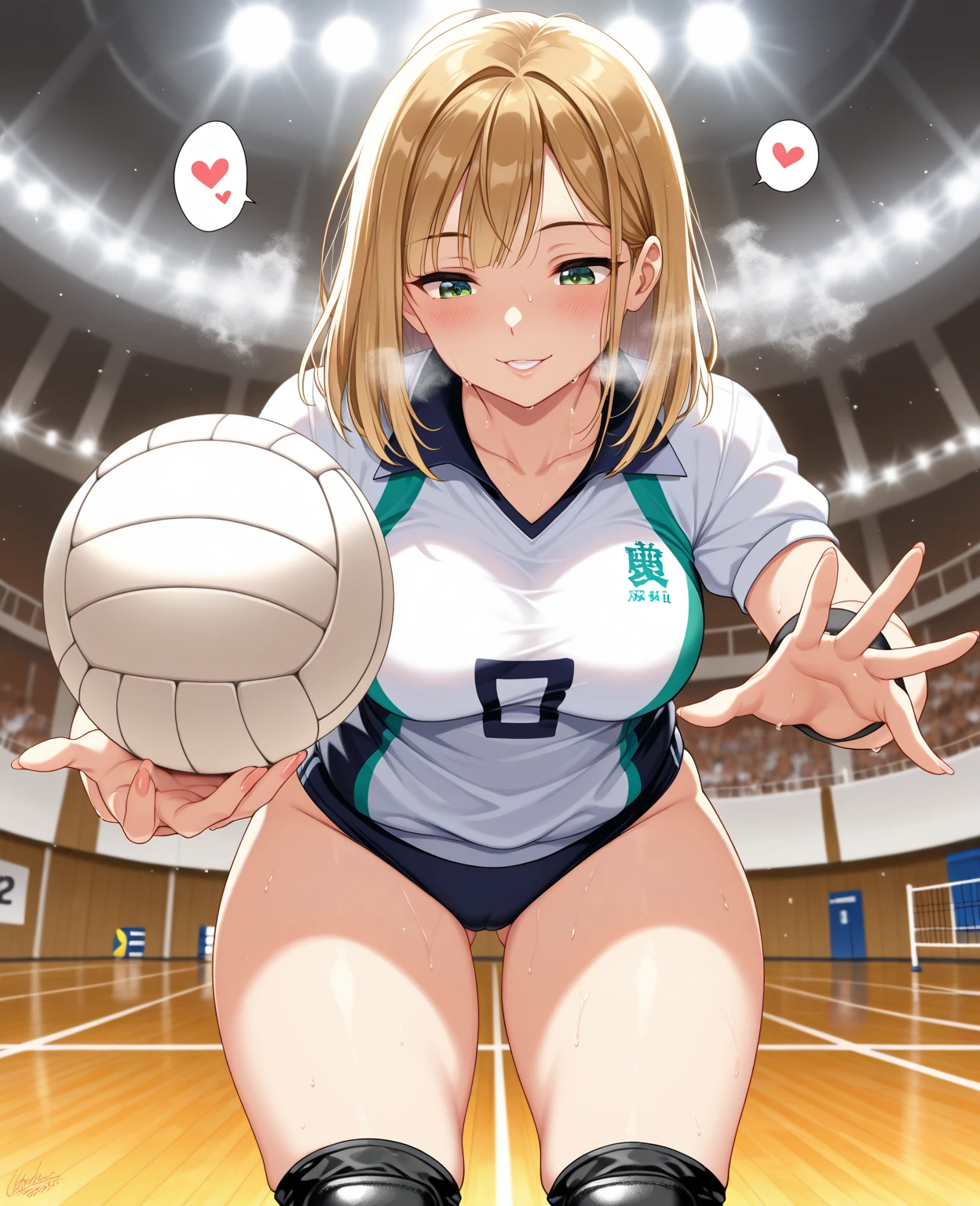 unity 8k wallpaper, anatomically correct, (((masterpiece))), (((best quality))), (((ultra detailed))), (((high-resolution))), ((Ultimate cutie)), perfect hands, perfect finger, (((good anatomy))), detailed beautiful face, shiny hair, (((gyaru))), (potbelly), (curvy), medium breasts, ((Thick thighs)), (((solo))), ((seductive smile)), (((blush))), (half open mouth), 
BREAK, (((sit astride the perfectly spherical shape 6-inch volleyball))), (((Straddling a perfectly spherical 6" volleyball))), (((Perfectly spherical 6" volleyball fits perfectly crotch))), BREAK, (((Rub the  Perfectly spherical 6" volleyball against crotch))), 
BREAK, (Collared volleyball uniforms), sleeveless, ((buruma)), ((kneepad)), (pussy juice stained), (elbow pad), (((sweat))), (((covered in sweat))), ((deep breathing)), in Volleyball Court, indoor, lighting,  looking at viewer, full body, (spoken heart)
