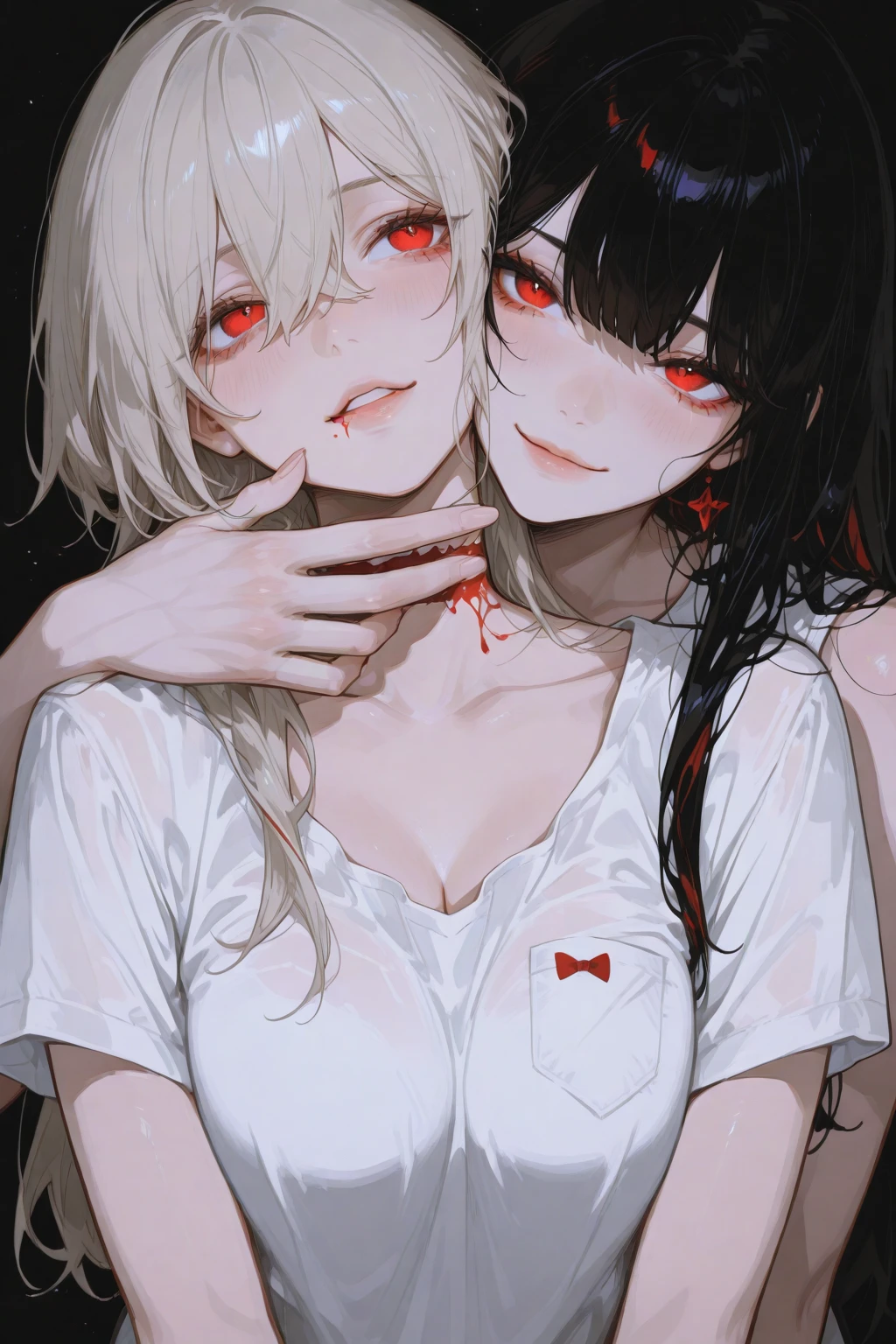 masterpiece, best quality, highres, (2girls,hugs from behind), gorgeous, (vampire:1.15), (red shimmering eyes:1.1), black and white gothic casual dressing, (inside vip club section:1.1), blood stains on lips and cheek, evil smile, horror, blood splatter, unique, experimental,blush, school uniform, (groping),yuri, kiss,