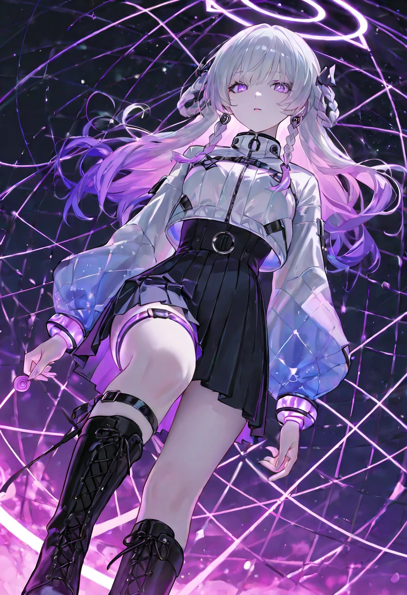 (top quality, 8 K, masterpiece, Highest image quality, a high resolution, super detail, ultra HD, (Delicate and smooth skin, Real leather, Perfect and beautiful face ,Perfect and Cute Face, highly detailed skin, Perfect limbs)), 1 girl , chest bandage , black skirt , soap bubble , chewing gum , split , clavicle , collared shirt , crossed bangs , grey eyes , White hair , hair between eyes , hair ornament , purple hair ribbon , hairclip , hand on hip , long hair , long sleeves , I look at the viewer , medium breast , partially unbuttoned , pleated skirt , Ponytail , Purple ribbon 18k, One , sunglasses on the head, white dress shirt, silver wolf (Honkai Star Rail)