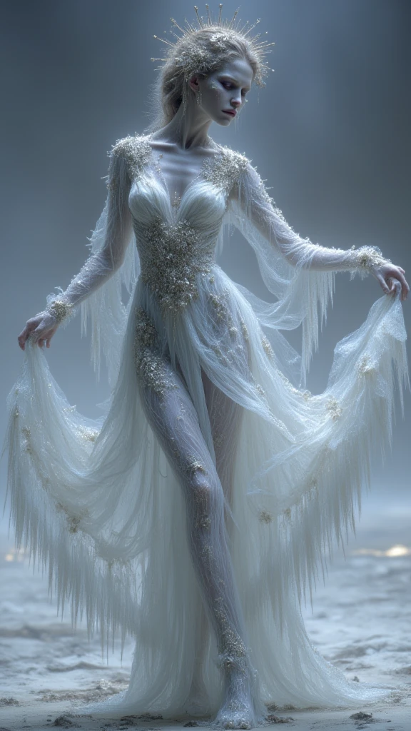 She wore a thin long dress,Reveals snow-white and delicate skin,A pair of straight and slender beautiful legs,Hidden in the hem,Looming,Hook the soul,Full chest,Stand tall proudly,Graceful posture,The lumbar spine is shaken,Weak willow supporting the wind。