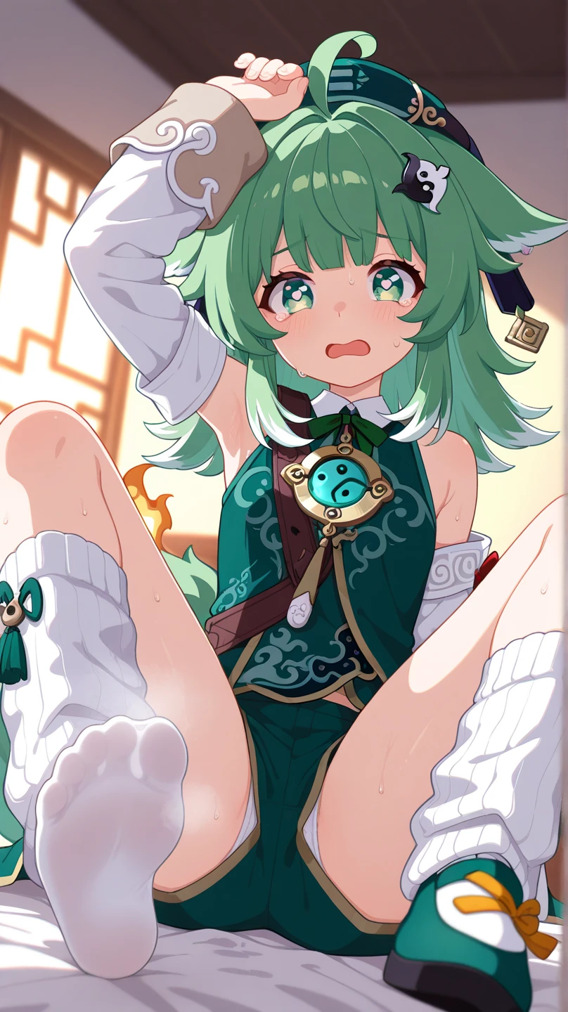 1 girl, cute, young, green hair, bob haircut, green eyes, Chinese clothes, thigh high, sex,
