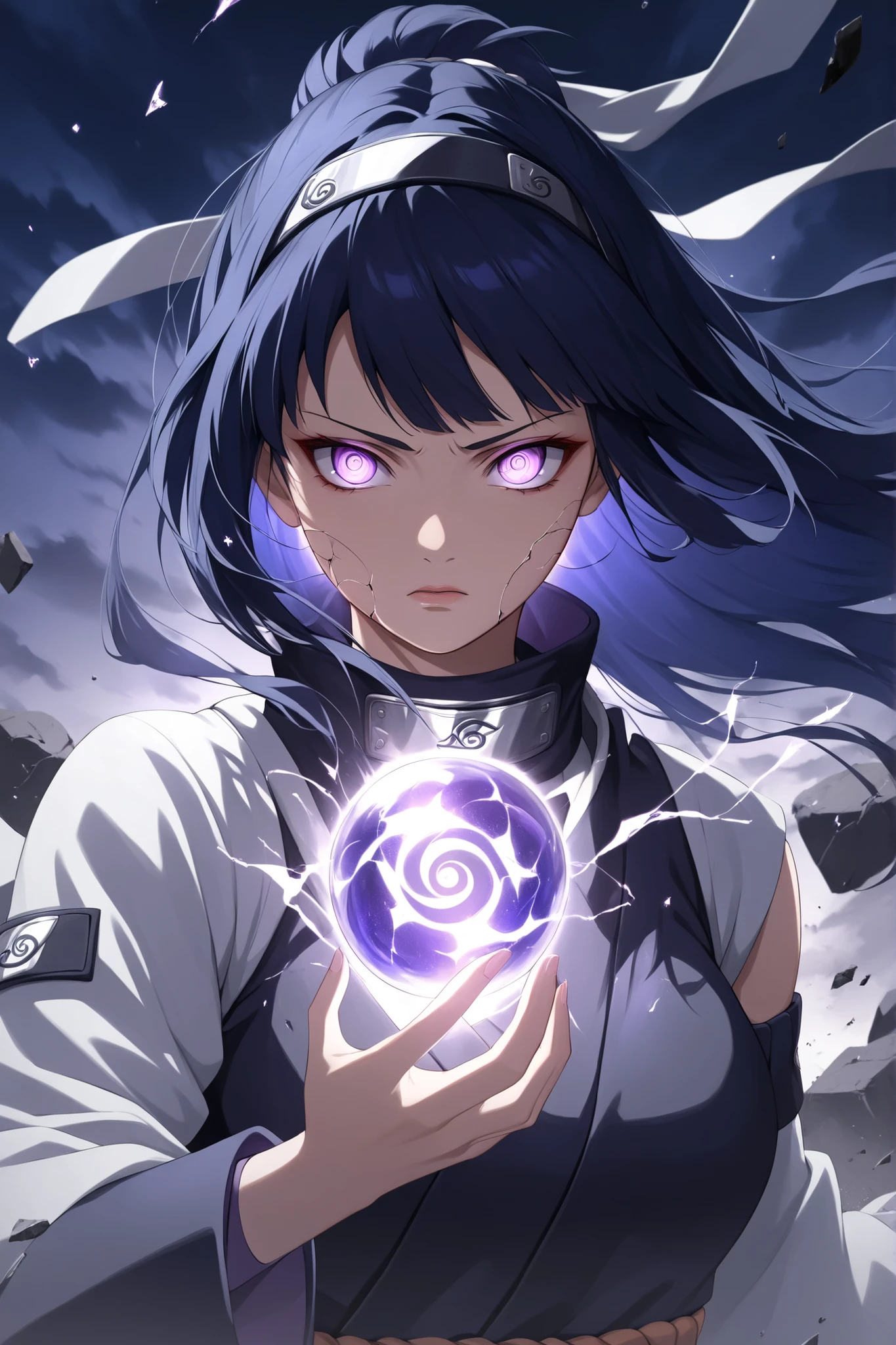 (masterpiece), (RAW 8K), (anime-real fusion), (medium close-up), (studio lighting on face and upper body), (hyper-realistic textures), (natural but intense pose), Hinata Hyuga from Naruto Shippuden, standing upright, body facing forward, one arm raised to the side at shoulder level holding a glowing chakra orb, palm open and steady. Face shows extreme rage, furrowed brows, eyes wide and glowing Byakugan veins clearly visible, lips tight or slightly parted with anger. Long midnight-blue hair flows naturally past shoulders with some strands fluttering from chakra pressure.
The chakra orb is suspended slightly above her palm, glowing intensely with a violet-white light, small tendrils of energy swirling around it but not covering her fingers — clean silhouette. Her signature ninja outfit has a darker, sleek redesign, slightly battle-worn with glowing chakra threads across the seams. Hidden Leaf headband tied around neck, fluttering in the wind. No weapons.
Background: dramatic skies torn with cracks of light, shattered terrain, wind-blown debris in soft motion blur, high tension atmosphere. Strong contrast between her glowing hand and darker scene behind her.