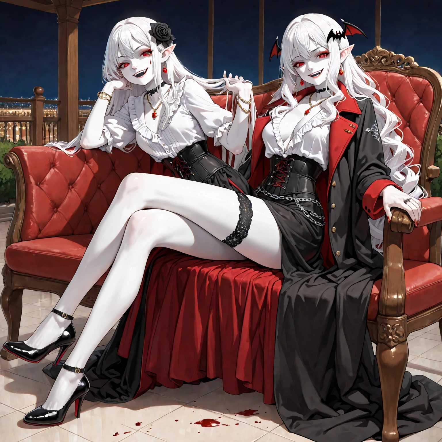 ((Cold and glamorous+Adult daughter+the elf+Black and red color scheme),whaite hair,long whitr hair,red - eyed,One bewitching woman,wonderful dress,shift dresses,long skirt,Raised sexy,Black silk gloves,Starlight decoration,palace background,Next to her stood a maid,huge tit,long leges,Charming,Wine glass in hand,Black heels,Black asymmetrical stockings,Seductive laughter,Wicked laugh