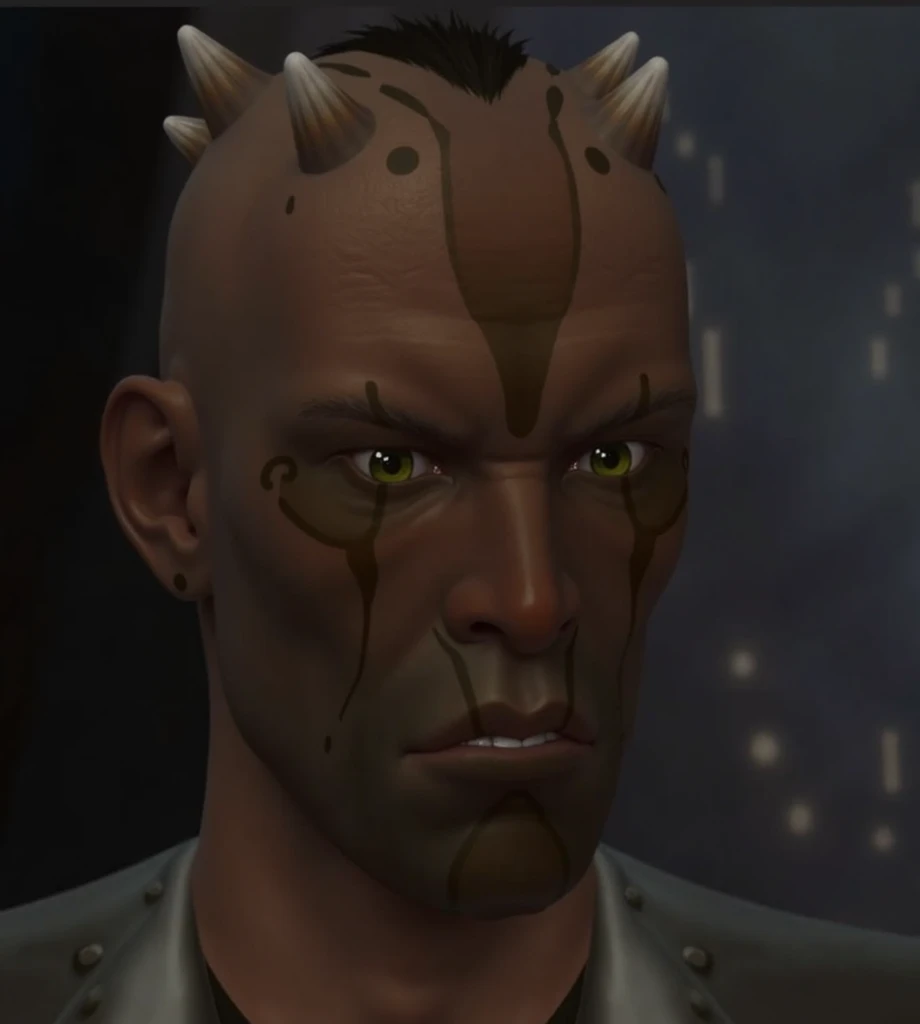 Cathar, a photo of the large , male focus, yellow eyes, a character in a star wars game with a green and red outfit , 1boy, solo, , close up, Cathar Face, <lora:Star_Wars_Cathar_Species-08:1>