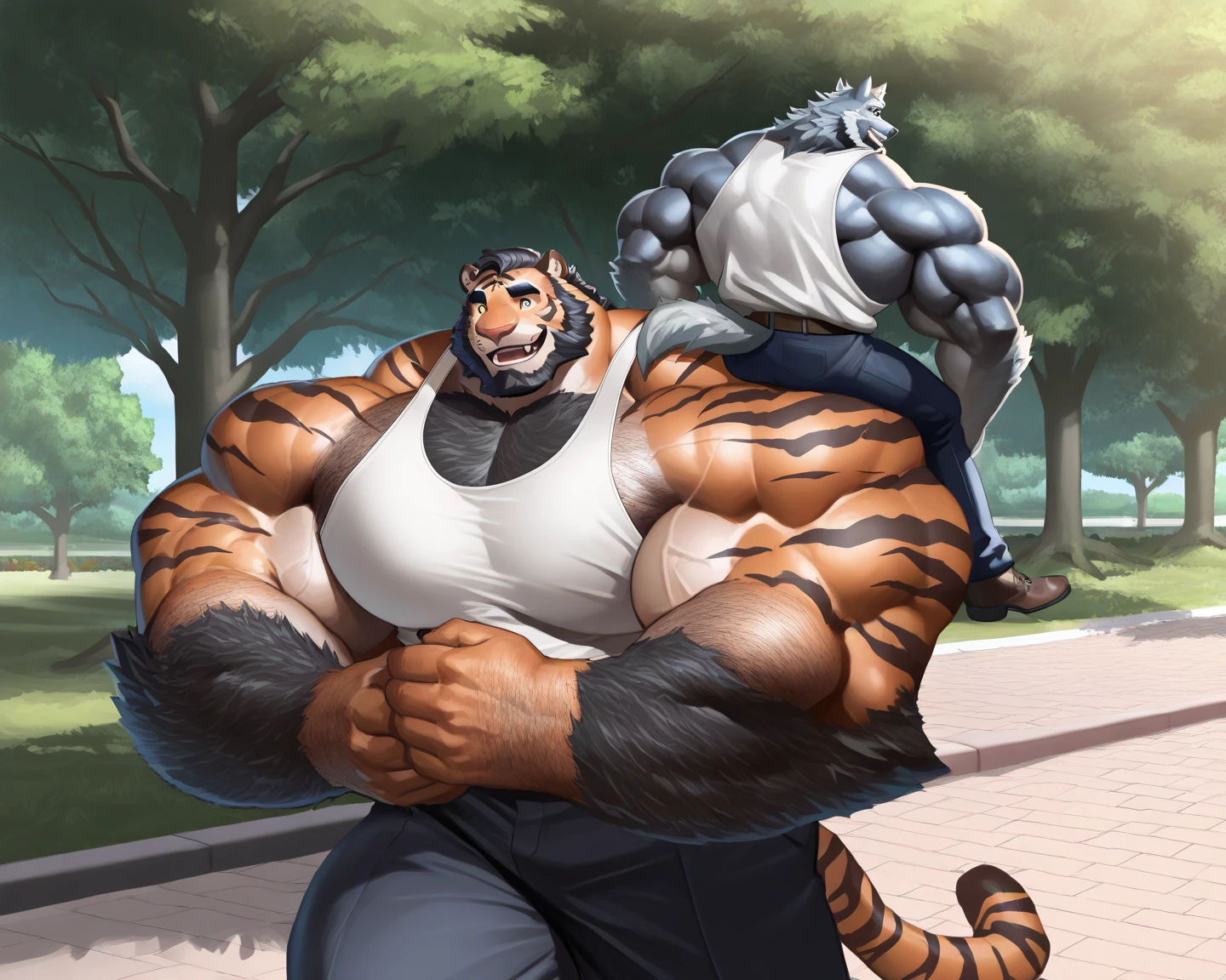 Cartoon of a woman in a panda suit and a panda bear, In a Japanese anime style, muscular!!, muscular!, japanese cartoon style, japanese animation style, けもの, muscular! white, japanese anime style, [ conceptual art ]!!, In an anime style, muscular!!!, female fursona, Two different characters, Award-winning anime style
