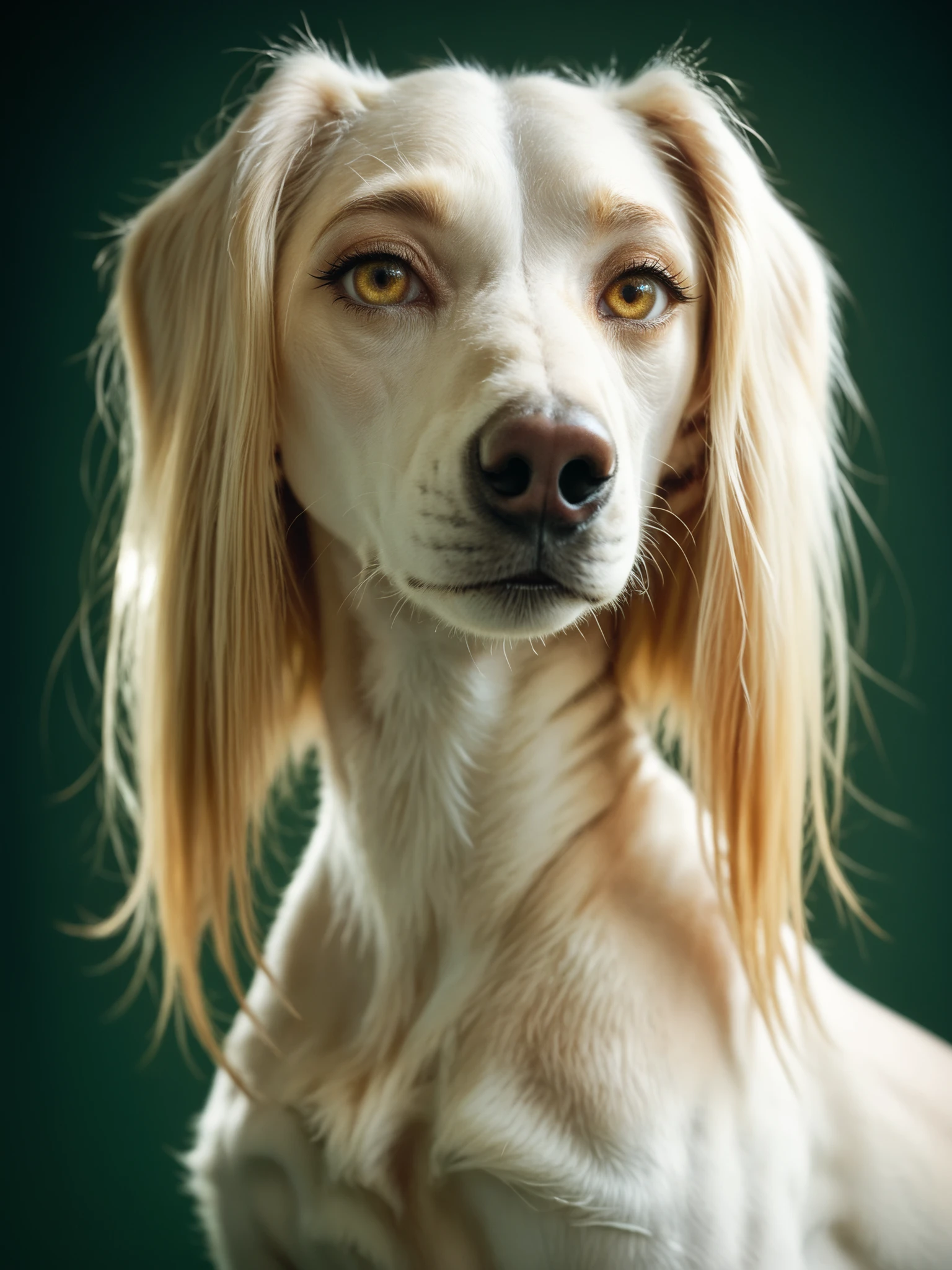 a beautiful ((saluki:1.8 dog:1.1)) with golden eyes, rim light, (white fur), dark green background, (masterpiece)