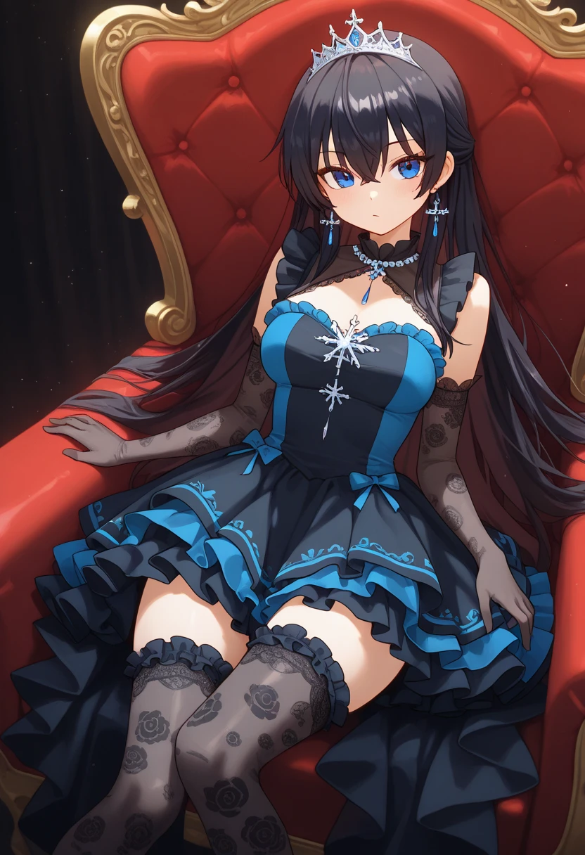 （Enrich the picture，Masterpiece level quality）Beautiful 8K CG artwork,1girl,(((solo))),morgan le fay (fate), blue eyes, Long Hair, pony tail,Very long hair, big boob, black bow, looking at viewer, gown, Hair Bow, thights, thights, black dress, Bangs, side locks, French braid, grey hair,Goddess-like posture,Kneeling exercise,Slim and soft,Translucent skin,big breasts,lying on your back,leg extension,m legs,Look at the viewer,expression to the top,on bed,