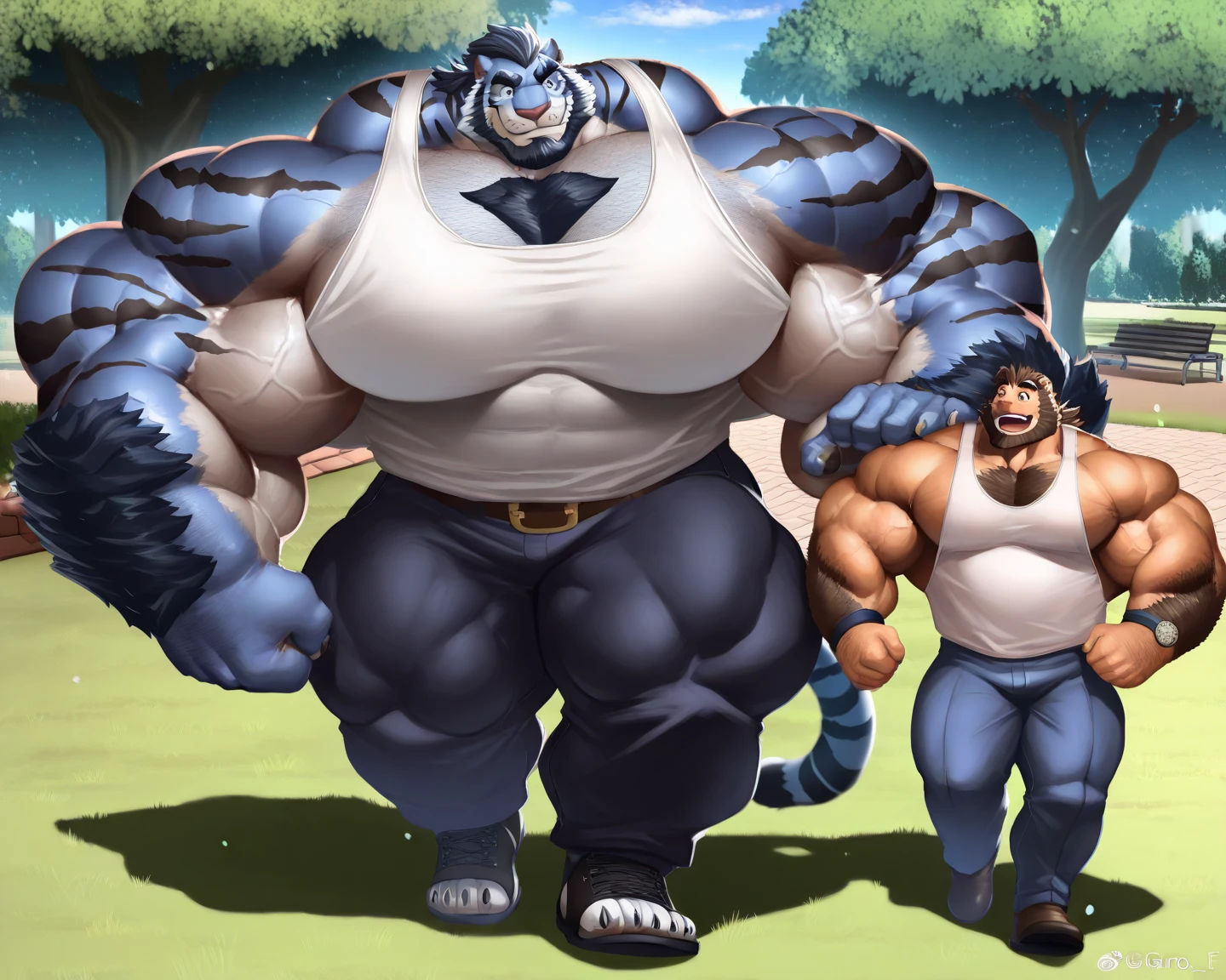 duo: polar well built polar bear by rossciaco rear view, ( blue eyes dragon , dark blue violet and azure scales and white belly, yellow crest hair , well built , profile, fulfilled face, kemono , high quality , merging skin ) , polar bear in back , rear view , full body view , feet