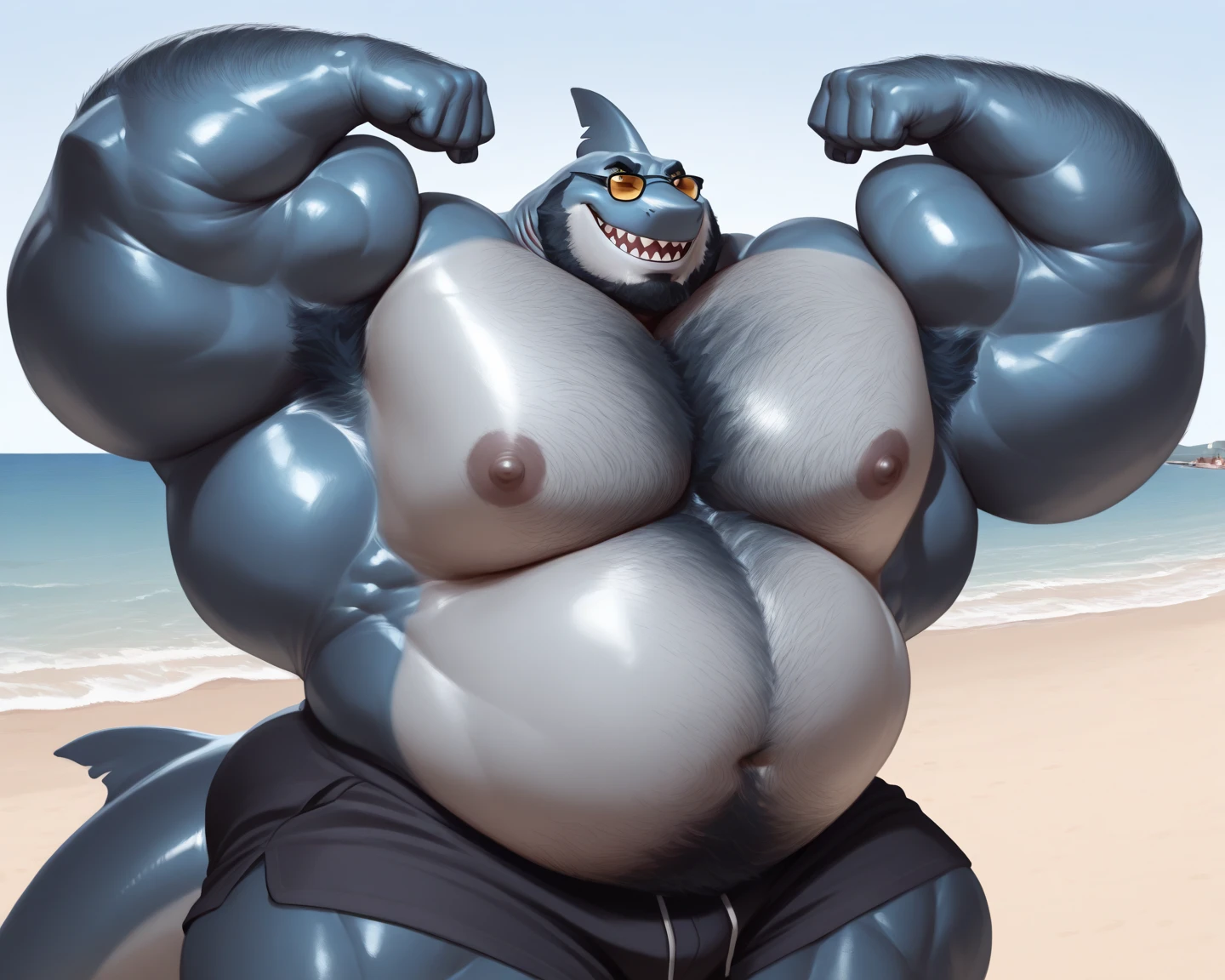 A swollen glossy living inflatable, fully latex, nargacuga with (((massive feet))) that are four-toed and nipples, on the beach, with seams going along his body. Flexing with his out being completely naked. Hand on his inflatable penis, while his penis is growing larger and throbbing. in the style of blackfox85