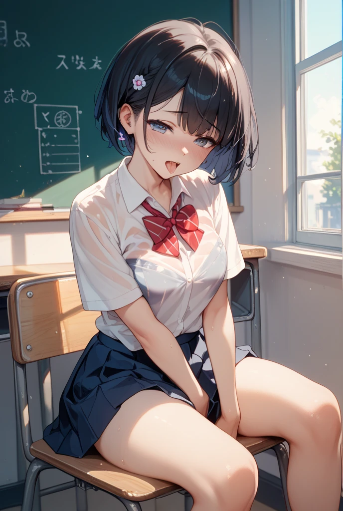 1 girl, 16 years old, Dynamic posing, dynamic angle, Arrange pose,Top quality work,Show Legs,(short black hair),(blue eyes), Rose cheeks, Pretty Face, A perfectly proportioned face, school white shirt with red bow and black skirt, (school uniform), (school white shirt), white stockings,school, in classroom, smilling,she is Offering A Hug
