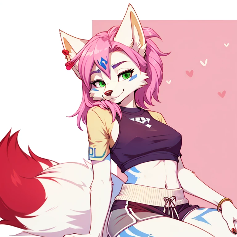 1girl, mobian fox, light pink eyes, light pink hair, extremely long straight hair, medium breasts, cleavage, happy, strapless crop top, pajama blue baggy pants, long sleeves, barefoot, japanese theme, portrait