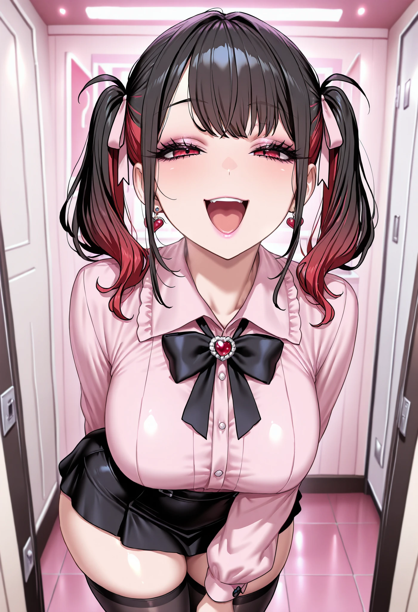 handjob,side view,eye-level shot,face focus,open mouth,tongue out,cum on tongue,Licking the penis,(1girl,Beautiful 16 year old girl),((Slender,Small breasts,Baby Face,Small face,)),looking at viewer,Black Hair,bangs,two side up,Gray Eyes,Drooping eyes,slit pupils,narrow eyes,Sheer black and dark pink negligee,Collar with leash,Beautiful and detailed anime art,Mischievous smile,Dimly lit room,Simple Background,Gray background,Low lighting