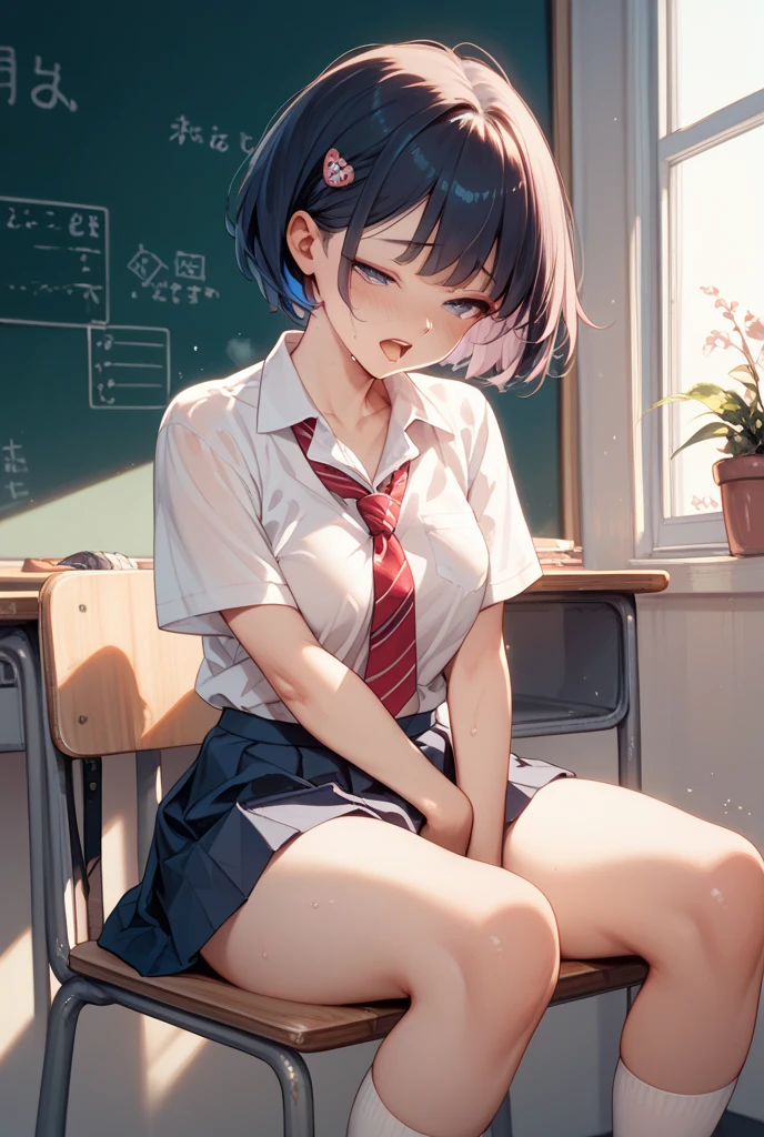 (Front angle:1.6)、(masterpiece, Official Art), One Girl, Black Hair, blue eyes, hair ornaments, Hair Clip,  (school uniform), (shirt), (tie), (skirt), (Wet), (Huge breasts), very good、sunlight,classroom、During class、 View Audience, Grin,Cum on face、 Charm, blush, Charm服, , (Place your hands between your legs), (Sitting on a chair、Put your chest on the desk),White panties、Short Bob、Sticking out your tongue、Dripping a huge amount of saliva、Peeing、squirt pee、tits 、titsをテーブル机の上に胸を置く、nsfw