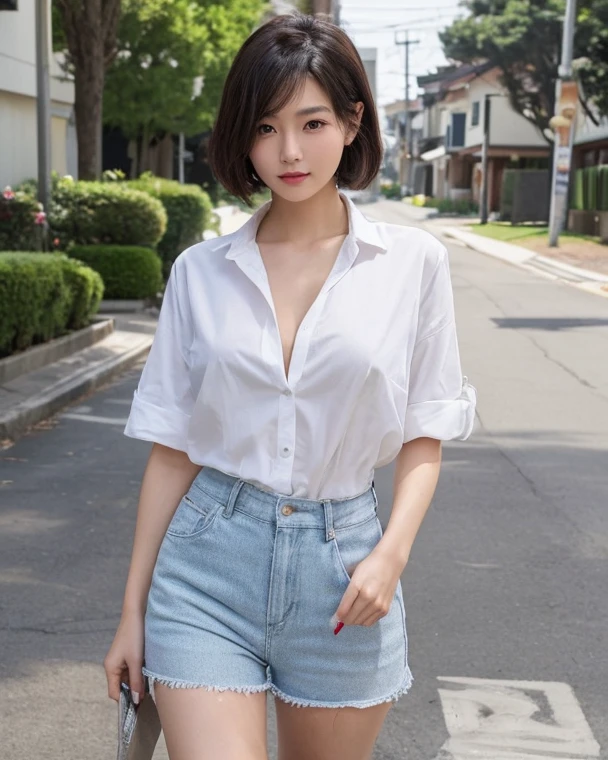 detailed_background, realistic, 1girl, view_from_below, standing, back against the walll, nighttime, eyeglasses, blushes, bob cut, bangs, white_blouse, overhang, cleavage, big_boobs, small waist, denim mini skirt, bare legs, thighs, thicc_thighs, 