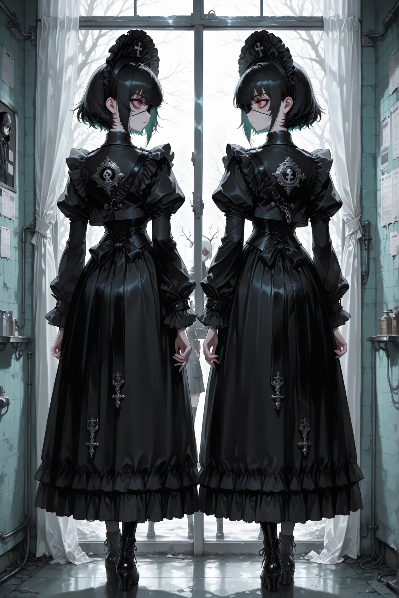 A sexy and charming girl in a broad black hat stands near a windbreak window, Eye patch,Sniper Girl, 17th century clothing mixed with 21st century clothing, vulgar and vulgar second person, Psychosis, psychiatric abandoned hospital, double personality , two-person headdress good and evil, body view , full length, in the hands are looking at each other