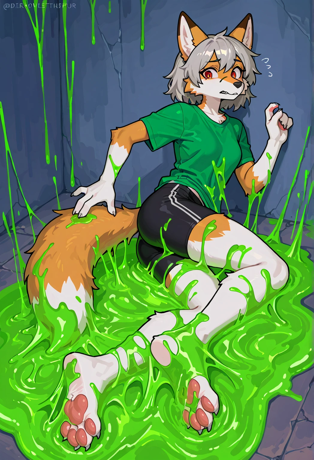 By bebebebebe, by lostgoose, by goonie-san, solo, female, standing, ((yellow fur, green hair, snout)), golden retriever, canine, messy hair, wavy hair, short hair, green eyes, (glasses), solo, curled up on the floor, (crying, screaming, tears running down cheeks, covered in scratches, bloody nose, bite marks), dirty, sweaty, shaking, (cum in ass, cum in vagina, cum in mouth), basement, dark lighting, dramatic lighting, full body view, fullbody shot, (covered in scratches), nude, nipples, vagina, anus
