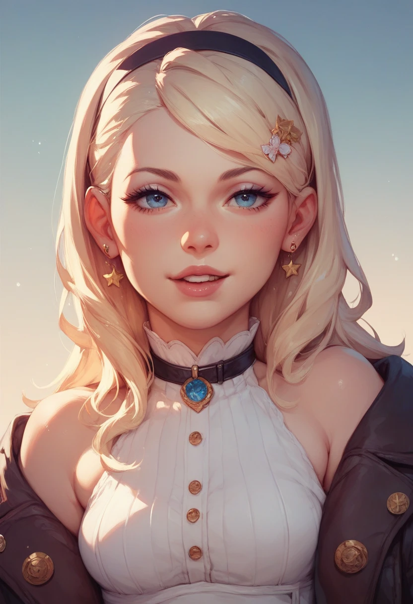 Woman with blonde curly hair, blue-eyed, wearing a harness of the Sun God[