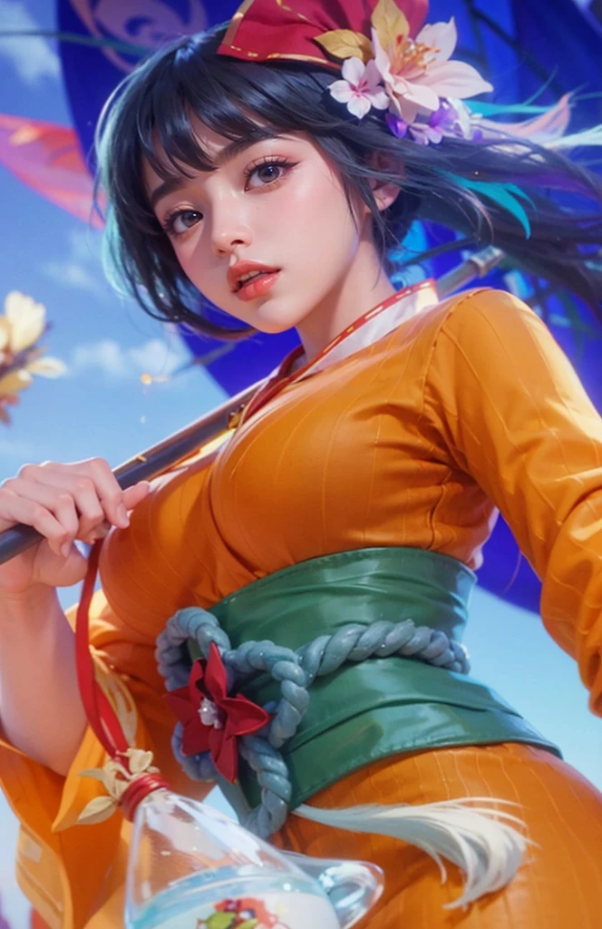 full body:1.3masterpiece, best quality, high resolution, us (piece), Long hair, Orange Hair, Low Ponytail, Headband, Blue Ribbon, Brown eyes, clavicle, cleveage, Short Kimono, Blue Kimono, sleeveless, karate, bracelet, sash, Heart, permanent, Cowboy shooting, Challenging poses, 海滩Heart情, beautiful beach, Smile,