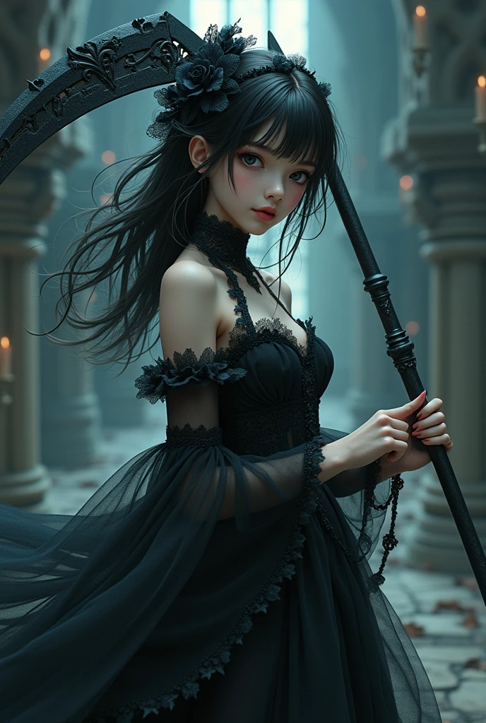 whole body, bloody huge axe, sickly, black dress, face veil, mansion, hall, absurdres, RAW photo, extremely delicate and beautiful, masterpiece, Best Quality, ultra high resolution, 32k, hyperrealistic, ultra-detailed description, pale skin, 20 years old, detailed beautiful face and eyes, tearful mole, earring, Colossal tits, short medium wavy hair,