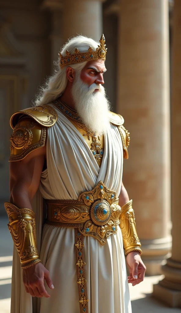in a medieval world.
A male elf , brawny ,wearing white clothes ,in a palace