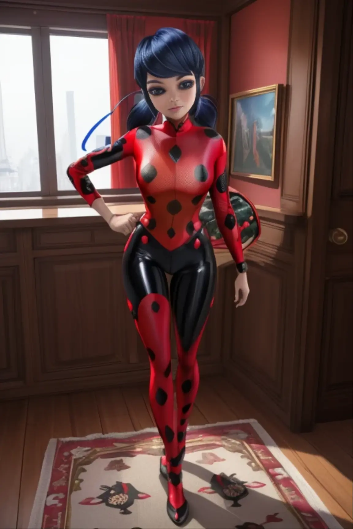 UHD, masterpiece, accurate, anatomically correct, super details, high details, high quality, best quality, 8k, high resolution. The heroine, Ladybug (Marinette), looks beautiful in a full-length photo. Blue eyes and short black hair transform her into a goddess of beauty. Her main costume consists of a tight red jumpsuit with black polka dots spread across her body. She wears red gloves that extend to her elbows and red boots that reach to her knees, both decorated with black polka dots. Its eye mask is red with black dots, resembling the appearance of a ladybug. To complete her look, she wears drop-shaped pearl earrings. She looks very sexy, drawing attention to her big breasts and muscular body.