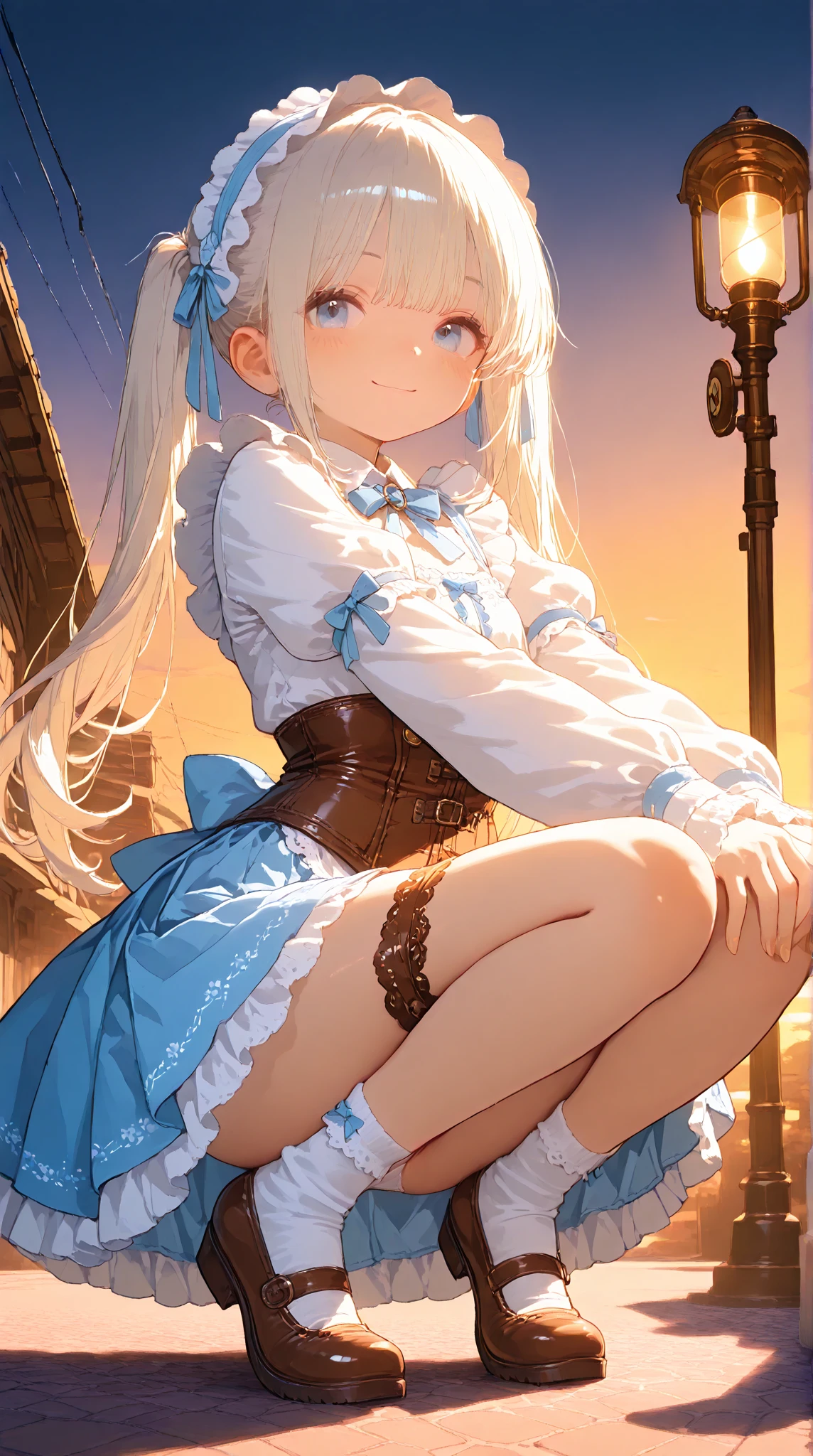 ((masterpiece) (((((Highest quality))))((High resolution))))), Very detailed, Ultra-realistic, 、blonde)、、、city、building、、(、Embarrassed face、、teeth 、Face looking back、From below、((Low Angle))、Maid、garden、No sleeve、Cowboy Shot、White panties
