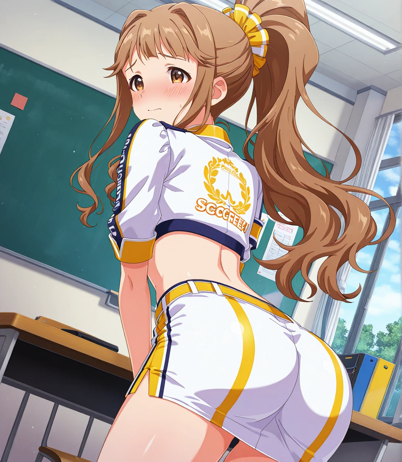 ((masterpiece,best quality)), high resolution,ultra detailed, detailed background, perfect lighting,detailed beautiful eyes,perfect pussy,1girl, nsfw,embarrassed,blush,(pov:1.3),(doggystyle,from behind:1.2),(back,vaginal,sex),1boy,1penis,from above,hetero,fisheye lens,show your butt,bottomless,sweat,steam,look at viewer,happy smile,in heat,cum in vagina,fair skin,flat chest,(short body,10years old,short legs and arms,slender,kawaii,short stature:1.3),over size head,classroom,(mayano topgun,orange horse ear,orange long hair,two side up,brown eyes,kawaii,hip orange tail,black ribbon:1.3),pale color