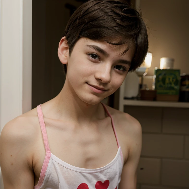 A naked fourteen year old boy, muy hermoso, piel blanca, rasgos finos, light brown eyes, light brown hair, small slanted eyes, mirada seria, mirada triste, desvestido, en la sala de estar, gafas discretas, desnudo, cuerpo completo, cuerpo entero.