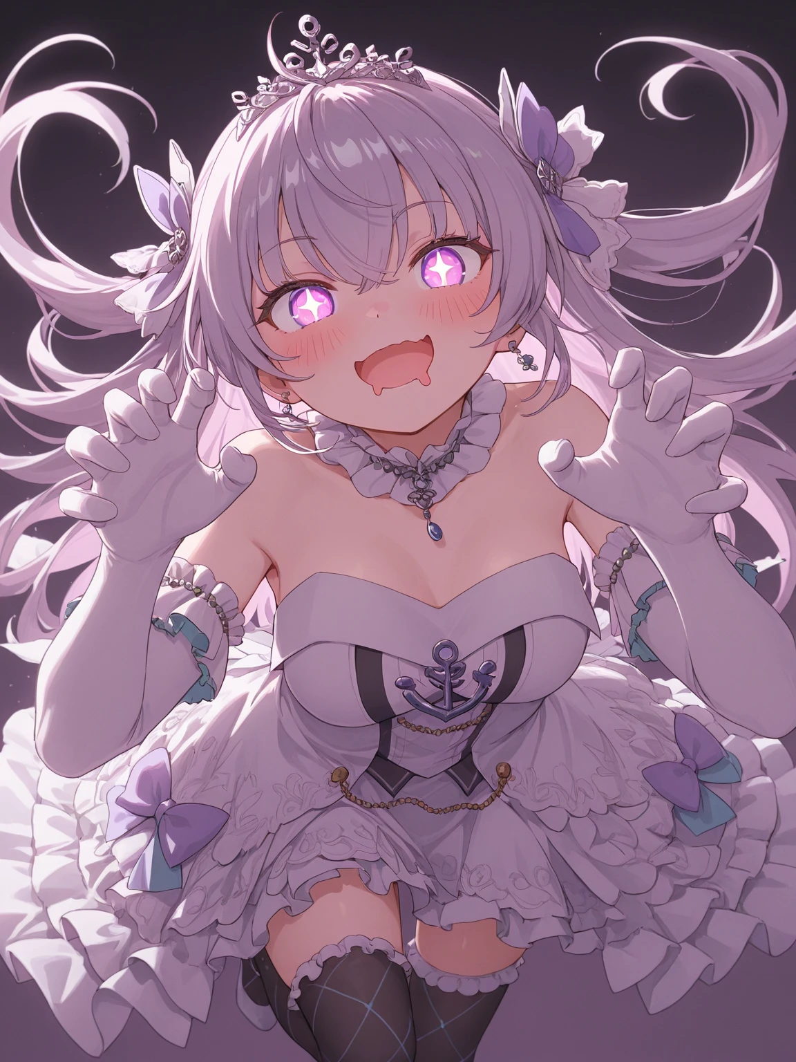 Purelos Face_v1:0.24, Highest quality, Realistic, 8K, High resolution, 1 Girl, 16-year-old girl, (Skin dents), (Portraiture), ((Simple Background:1.62)), Full Color, ((Big round breasts,Frills)), Look directly at the viewer:1.8, (1 Girl eyes looking at viewer:1.55), (Long-length hair, Silver Hair, Two Side Up,Straight bangs:1.45,Pink Eyes), (Bokeh),Watching the audience,Open Mouth Smile,Sparkling Eyes,Cute pose,Sparkling Eyes,Ultra HD,Front shot,whole body,Full Body,Ultra HD