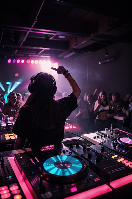 A female DJ leads the audience at an electronic music party, bouncing and raising her hands, creating a lively atmosphere