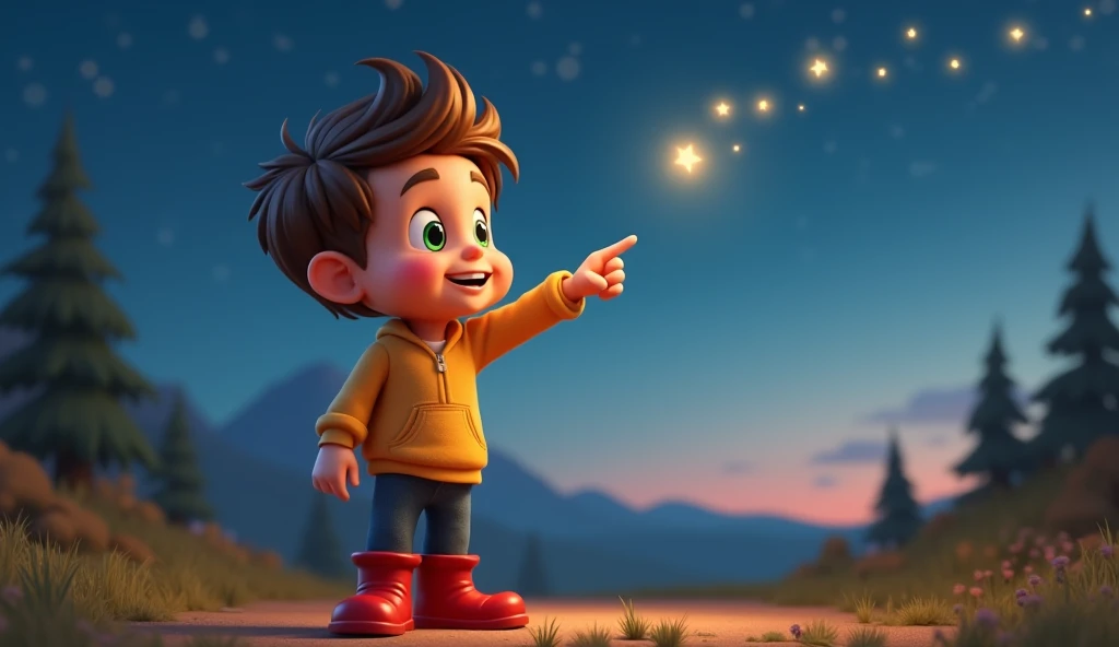 A boy with messy hair and bright eyes, with simple clothes and a radiant expression, is in the middle of a mysterious forest, holding a lit torch in his hand. The light of the torch illuminates the path ahead of you and reveals a charming village, with houses built on the huge trees that surround the area. The houses are all lit up from the inside, com janelas brilhantes e pequenas pontes conectando-as. The surrounding forest is lush, with tall and dense trees, cheias de folhas coloridas e vida selvagem curiosa. The night sky is starry, Creating a magical setting. The boy smiles and is full of enthusiasm as he discovers this amazing village. This image will convey a sense of wonder, aventura e alegria, sugerindo uma jornada emocionante e cheia de descobertas para o espectador.