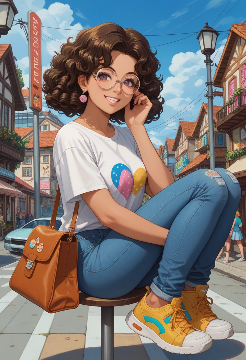 (masterpiece,best quality,absurdres,beautiful,aesthetic,detailed), (Detailed face:1.2), (Detailed eyes:1.2), 1girl, solo, 20 year old college student, she has tan-bronze skin with some freckles, short curly black hair with orange highlights, amber colored eyes, (she's wearing a yellow hoodie, black pencil skirt, glasses and boots), (Character Focus),Perfect Anatomy, Looking at Viewer, smiling, carefree expresssion