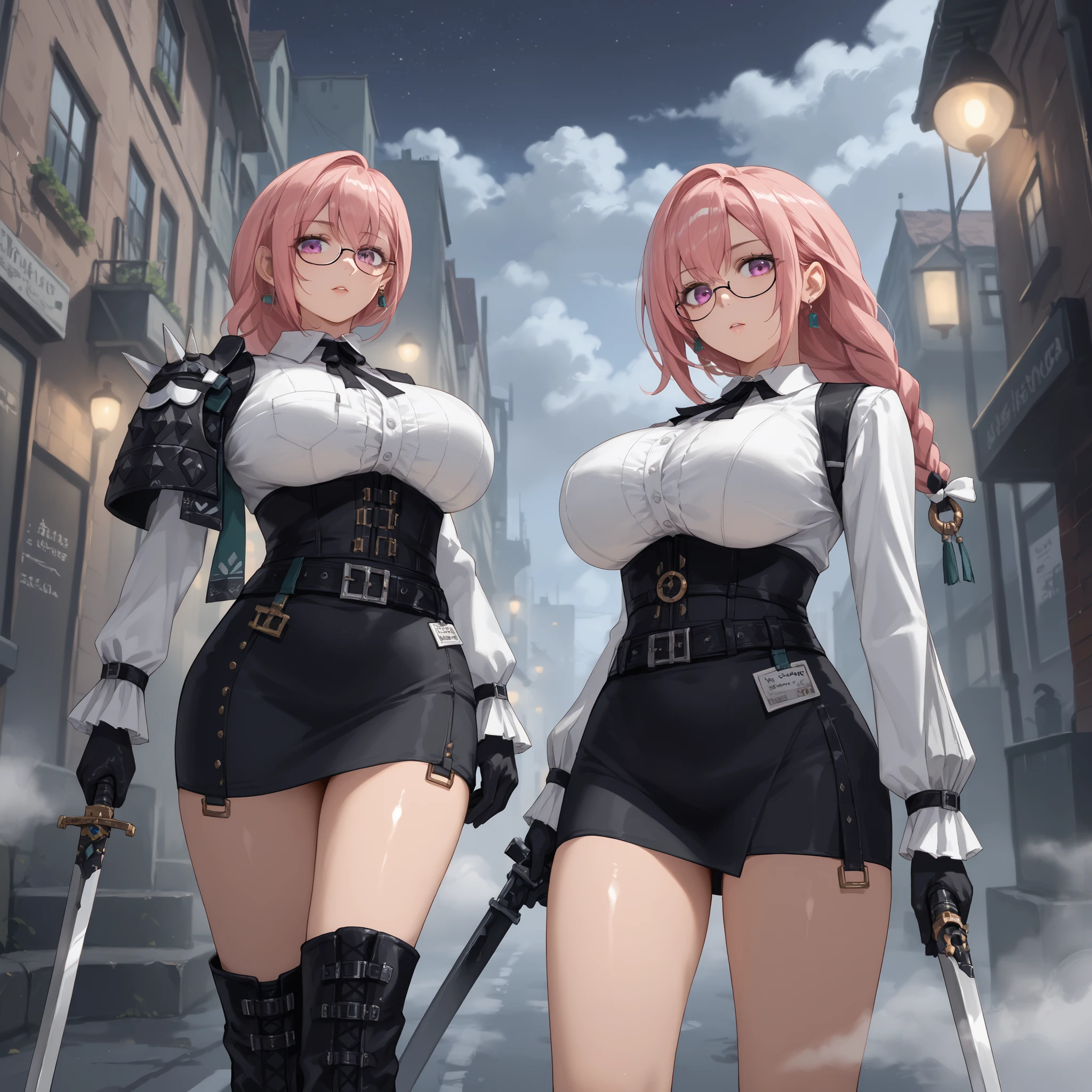 Masterpiece, Beautiful art, professional artist, 8k, art style by sciamano240, Very detailed face, Detailed clothing, detailed fabric, 2 girls, perfectly drawn body, big breasts, fighting pose, beautiful face, long hair, blue eyes, very detailed eyes, pink cheeks, shy expression, glasses, choker:1.6, (long sleeve white collar buttoned shirt), black gloves, gloves covering hands, (holding an ax in the right hand), (black leather corset), (shiny black leggings), (black miniskirt), sensual lips , evening de invierno, show details in the eyes, view from front, looking at the viewer, dark path, dark forest, evening, Atmosphere, fog