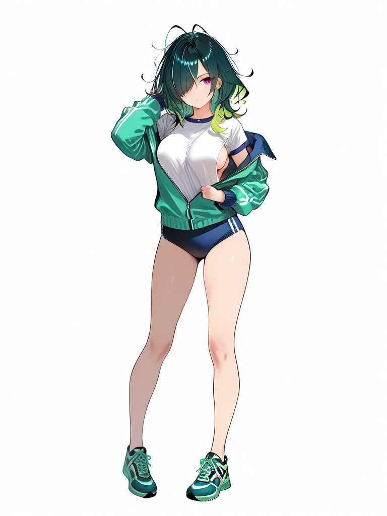 Saori_greenarchive, bedazzling eye, exposed Stomach, 露出したbelly button, Naked tummy, length_hair, 前hair, green_eye, black_hair, Hello, have, chest, baseball_cap, Sleeveless, green_hair, black_Have, belly button, Stomach, big_chest, Sparkling, Starlight、white background, full body