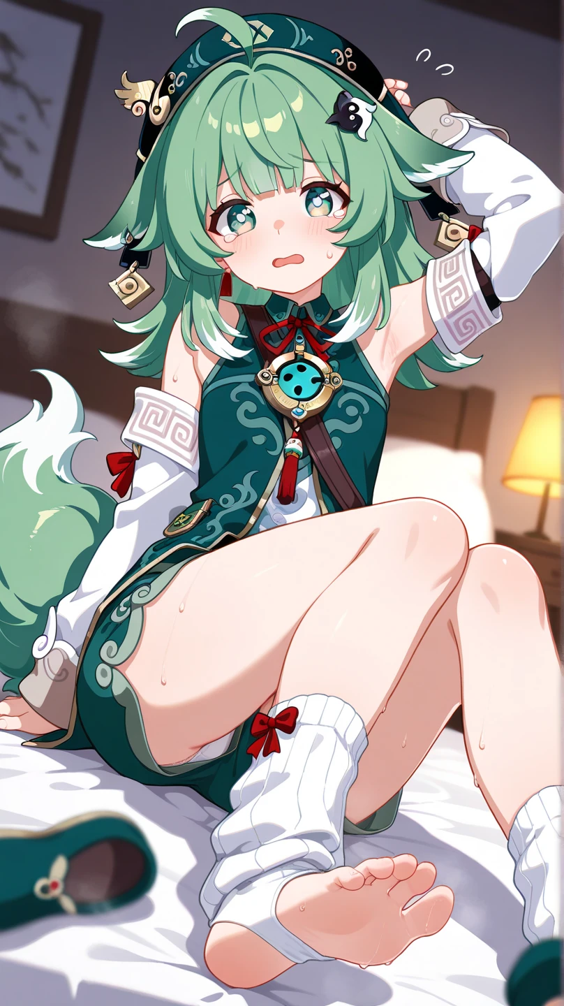 Chibi Best Quality, masterpiece,Source Animation, Fraction_9,Fraction_8_up,Fraction_7_up,Fraction_6_up,Fraction_5_Direction_4_up,、1 Girl, ruan mei \(Collapse: Star Trails\), Solitary, cheongsam, Green gloves, Hair accessories, Separate collar, necklace, Thigh straps, carpet, lie, bed sheet, Looking at the audience, Back to, blush, Open your mouth, hands Direction_9, Fraction_8_Direction_7_up