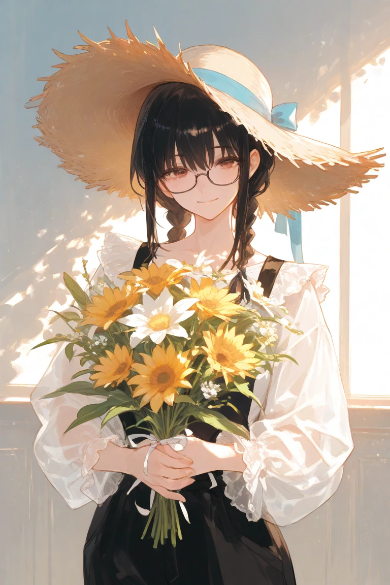 ((Biologically correct number of limbs))、4K、((standing position))、masterpiece、((focus on the face))、((Symmetrical facial features))、Eyes with detailed description、Beautiful woman、outstanding style、beautiful arms、beautiful legs、beautiful hands、(small ass、thin thighs)、Detailed depiction of faces、small earrings、necklace、(cardigan、skirt、high heels、stockings)、Close-up of upper body including face、Background sunflowers in full bloom、small hat、Photo in a frame、