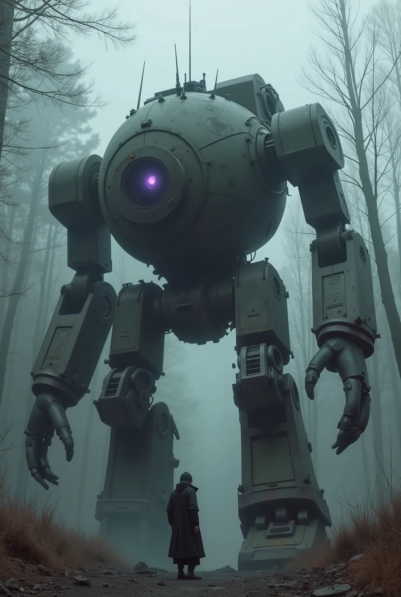 military robot like a tank、(1.5)、(An intimidating feeling like a chariot:1.5),(wacky, perverted, and bizarre design without a head:1.5),(The dark, dark metallic body is rusted:1.5)、(Height50mRobot 1.tanding in the fog of the forest、creepy atmosphere,(main body that can be seen3There is a large reactor that glows purple in the center of the:1.5)、heavy and intimidating robot、(wacky, perverted, and bizarre design without a head:1.5)、Extremely Huge Robot、A is looking up at the robot、