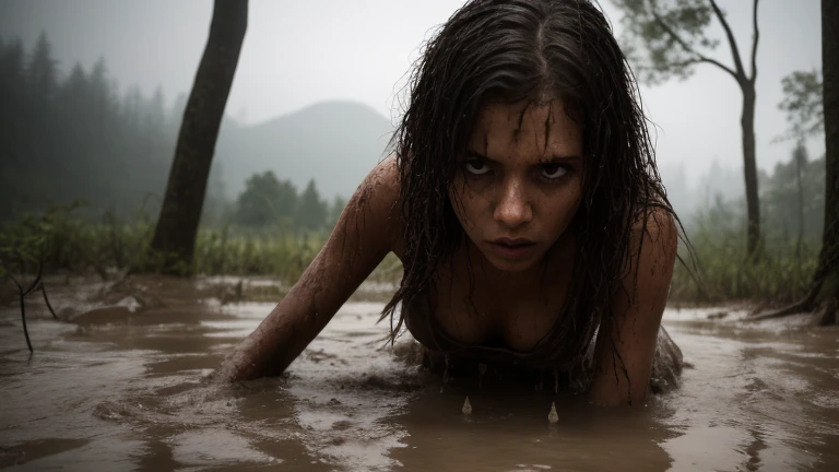 Black Sky, Sinister Night, Woman wrestling in the dark, At the bottom of a deep pit, drowning in a swamp. (standingn). Danger. The surrounding forest is dense, Sinister and gloomy, Casting strange shadows on the ground. Impending Doom. luna, Hidden behind heavy black clouds,,,,,,,,,,, (Medium Stage Lighting). The woman is emaciated, Her muscles cramped. her hair is messy, fully naked and dirty, Stained with mud. She looks like a creature from a horror movie, She found herself trapped in a dark and hostile environment in a forest with no hope of escape, Loses control from ecstasy
