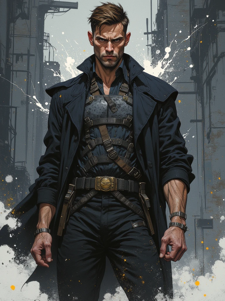 ((best quality)), ((artwork)), ((detailed)), man, short hair, bearded, tall, vigilante outfit, smoking cigarette.