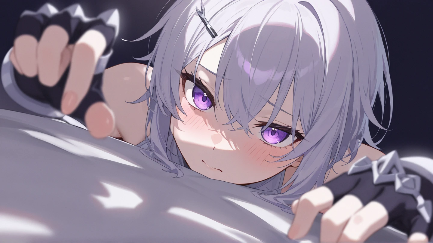 highres, absurdres, (((masterpiece))), score_10, score_9_up, score_8_up, score_7_up, source_anime, JackTheRipperFA, 1girl, closed mouth, angry, lavender hair, short hair, scar, naked, small breasts, lying on back, upper body, from below, blanket, black background, sweaty, sweat, wet, looking down, embarrassed, blush,open mouth, nipples,