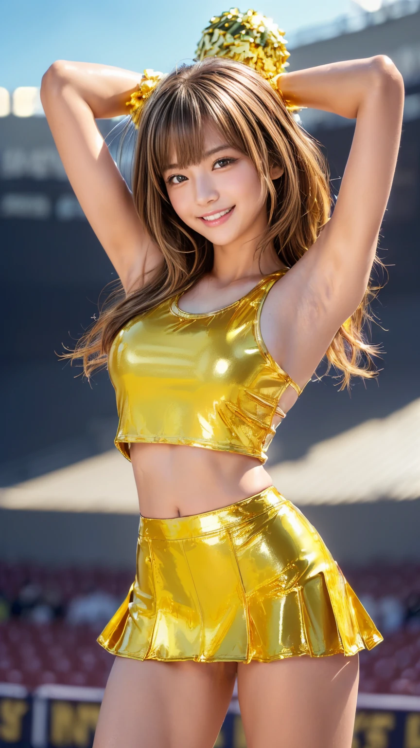 Frontal portrait of a woman、((((Crotch covered with shining golden pubic hair、Crotch hidden with shining golden pubic hair、(((rating explicit 1.8)))))))、Highest quality、Rear View、Perfect Anatomy、8K, clear, (((Shining Golden and wide pubic hair 1.9)))、Fine skin、clear, Beautiful Eyes、Cleavage、A relaxed and natural smile、whole body、Curly Hair、(My hair was messed up by the wind)、The beauty of a smile、(Attractive muscles、expensive), 金のPrincess,( Observe the audience),Elaborately decorated armor,Blonde,ponytail,bangs,Princess, White and red breastplate, Super Beauty),(Bokeh), (Detailed face),Gold ribbon,((Black gal)),((Put your arms behind your back)),(Bokeh),(Studio Lighting)