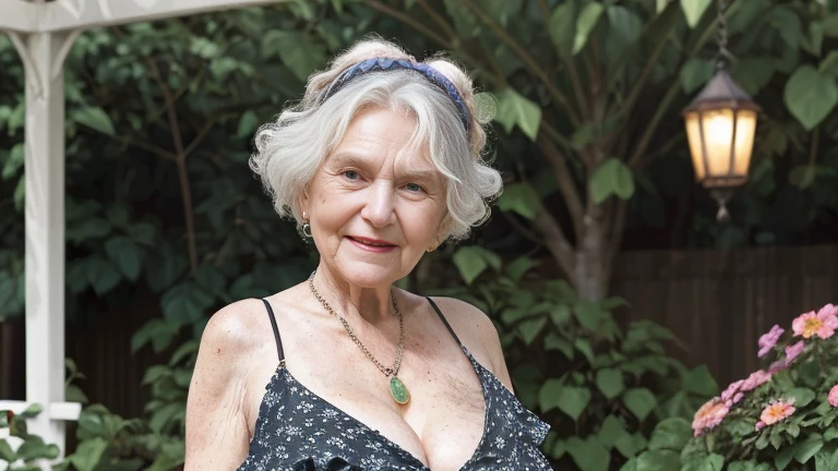 shot from side, a German woman, 78 years old, sexy makeup, chubby body, wearing sexy fashionable bikini, smiling, beautiful wrinkled skin, beautiful hair.