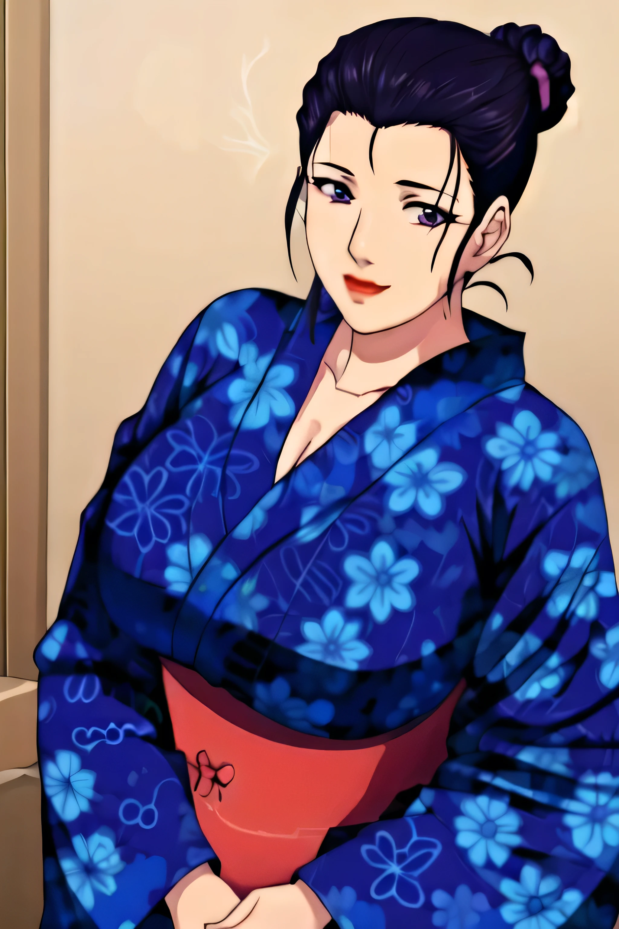 Simple Backgrounds,nightblue dress,
blue kimono,floral print,japanese clothes,wide sleeves,long sleeves,big breast,big ,curve body
cleavage,
purple eyes, black hair,bangs,hair bun,
1 girl, 20yo,Young female,Beautiful long legs,Beautiful body,
Beautiful Nose,Beautiful character design, perfect eyes, perfect face,expressive eyes,perfect balance,
looking at viewer,(Focus on her face),closed mouth, (innocent_big_eyes:1.0),(Light_Smile:0.3),
official art,extremely detailed CG unity 8k wallpaper, perfect lighting,Colorful, Bright_Front_face_Lighting,White skin,
(masterpiece:1.0),(best_quality:1.0), ultra high res,4K,ultra-detailed,
photography, 8K, HDR, highres, absurdres:1.2, Kodak portra 400, film grain, blurry background, bokeh:1.2, lens flare, (vibrant_color:1.2),professional photograph,
(Beautiful,large_Breasts:1.4), (beautiful_face:1.5),(narrow_waist),milf,mommy