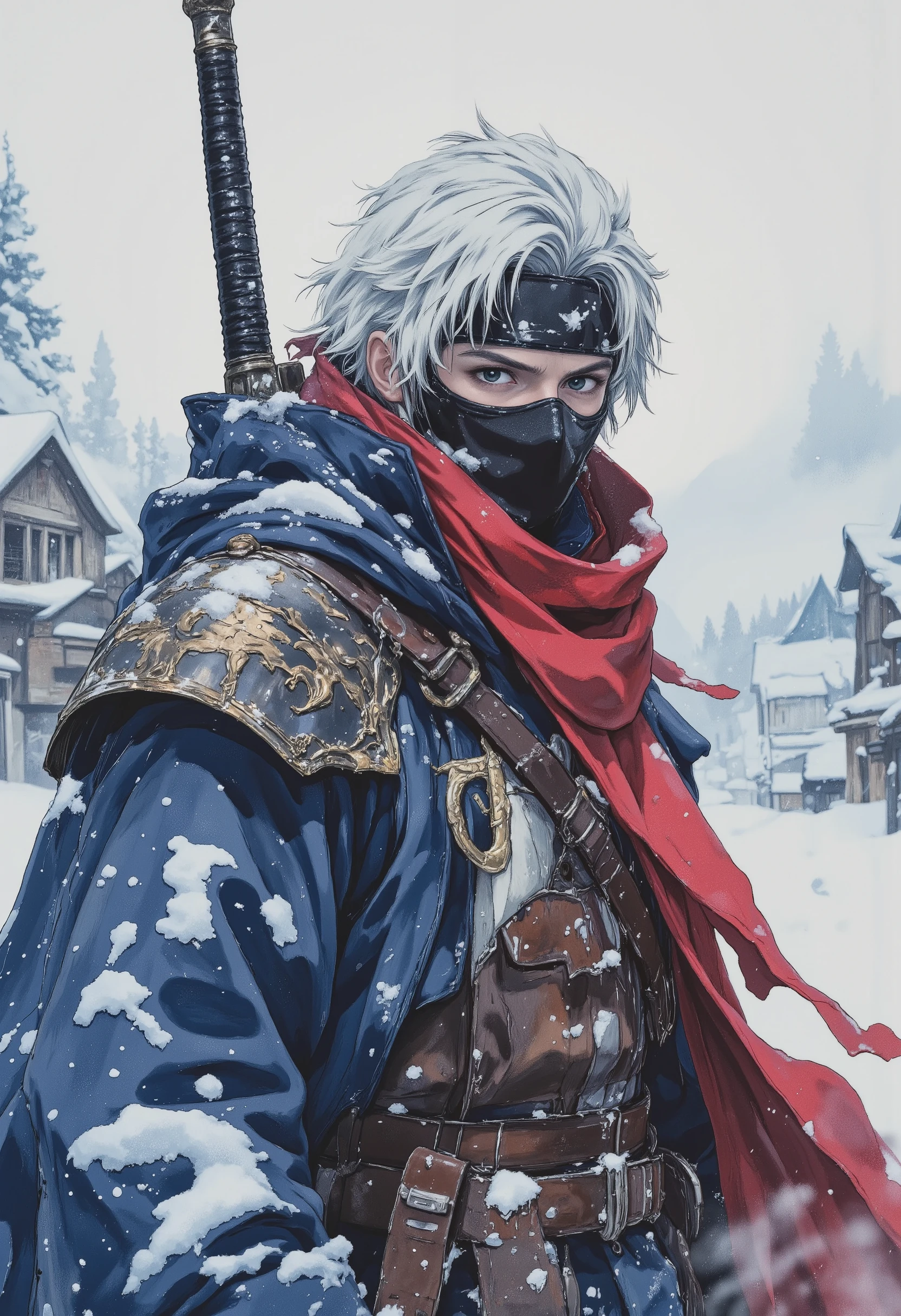 blue and silver-haired swordman wearing a black mask and vibrant red scarf, fullbody standing in the blizzard, in the style of Yusuke Kozaki, Japanese anime art