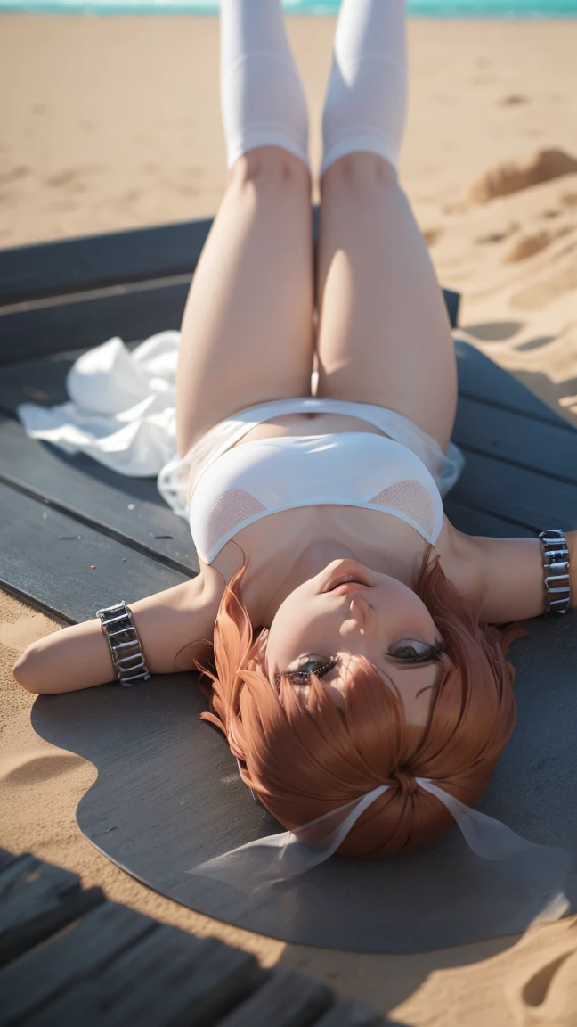 masterpiece, high quality, high detail, 4k, rtx, high resolution,1girl, blue_streaked_hair,hair_over_one_eye, blue_eyes,very long hair,braid,white hair_ornament,white skin,black nail_polish, solo,long sleeves,(white bandeau:1.3), strapless, microskirt,thighhighs,thighs,: o,cute face,(pov:1.2),(facing viewer:1.2),(Well-shaped and firm huge breasts, developed huge breasts:1.2),(underboob:1.2),(happy),stomach, navel,aged_down,(on side,sitting,arm support, yokozuwari:1.2),beach