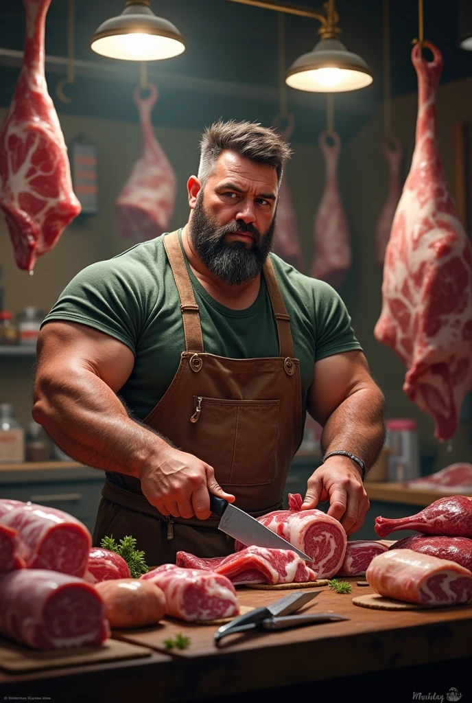a fat and strong man, daddy style, vestindo um avental branco e segurando um espeto de BBQ, naked man, body covered in lots of hair, erect penis, ejaculating semen, Generic summer garden, green grass and white fences, BBQ